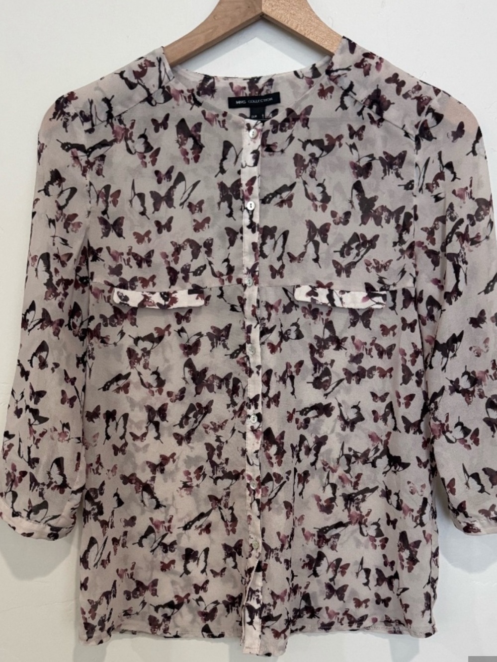 MNG Collection- Cream Blouse with Black and Mauve Butterfly Print